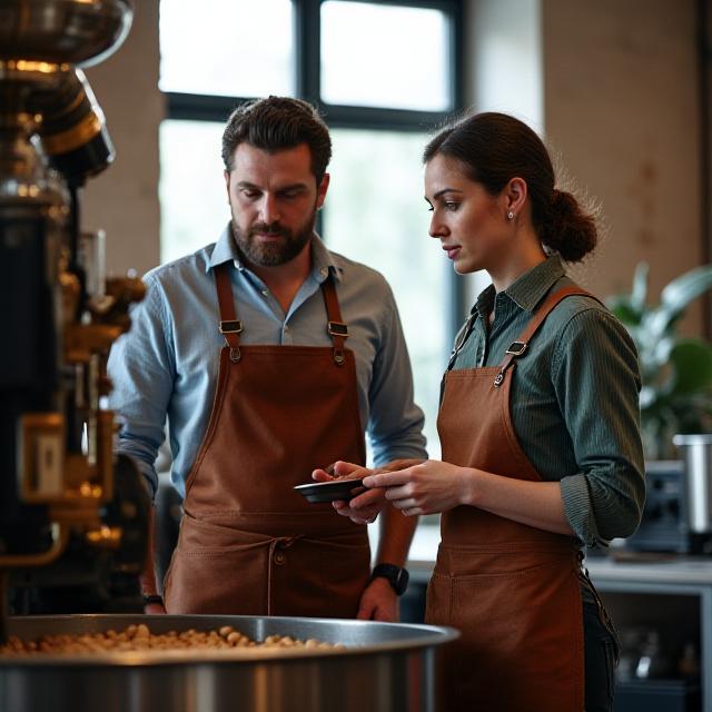 Two passionate founders discussing coffee roasting techniques beside a large pro-grade roaster