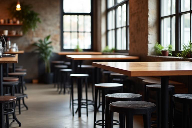 Wide shot of the cafe seating area with exposed brick and steel